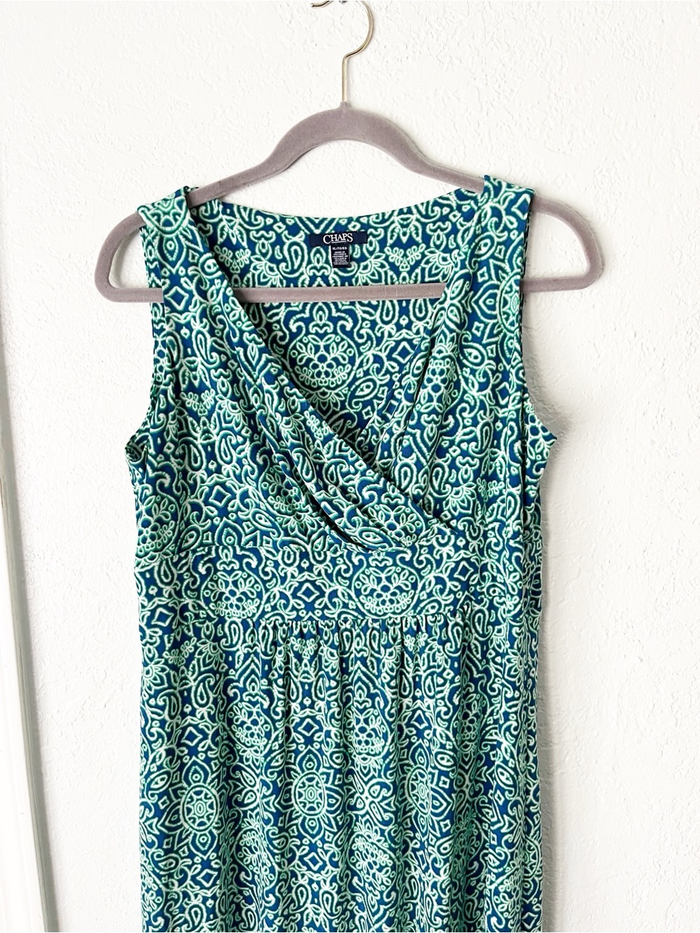 Chaps Maxi Dress Women's XL Blue Green Geometric Jersey Knit Resortwear HEMMED - Picture 3 of 7